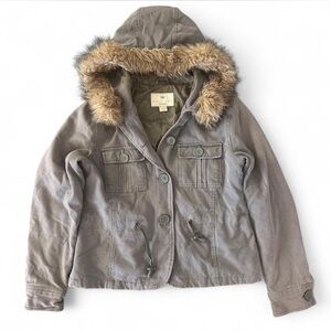 Blanc Noir Jacket Women’s Medium Green Coat Button Faux Fur Hood Military Casual